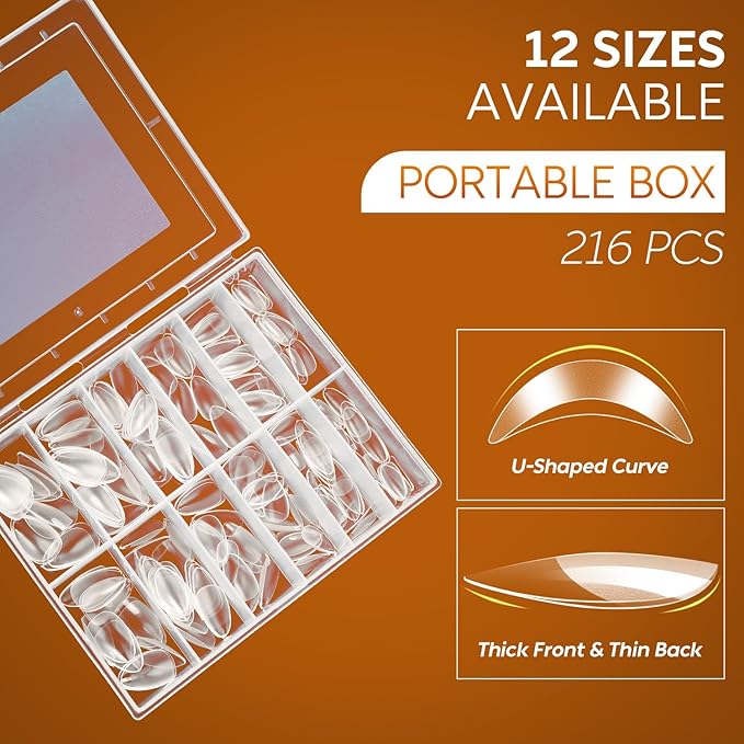 Nicedeco Extra Short Almond Nail Tips Full Cover 216PCS Clear Fake Nails Tip for Acrylic Nail Tip Soak Off Home DIY Salon Nails 12 Sizes - 009