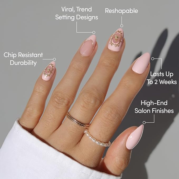 Valentines Day Glamnetic Press On Nails - Lover’s Crest | Short Almond Fake Nails in a Soft Blush Pink Hue, Vintage Angel Cherub Graphics, French Tips and 3D | 15 Sizes - 30 Nail Kit with Glue