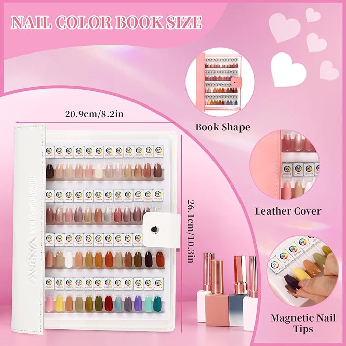 ANGNYA Magnetic Nail Swatch Book, 144 Nail Color Book Leather Nail Sample Display Book with144 Magnetic Tips & 1-240 Number Labels, Perfect for Professional Salon Nail Art Color Chart & Practice Stand