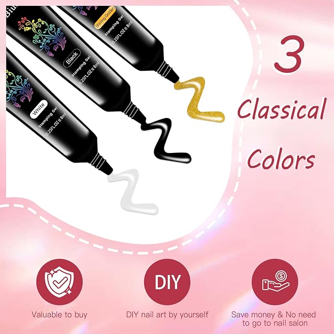 SEISSO Stamp Nail Polish Gel, 3 Colors White Black Shining Golden Stamping Gels for Nail Stamp Plate Stamper UV LED Nail Art Gel Polish