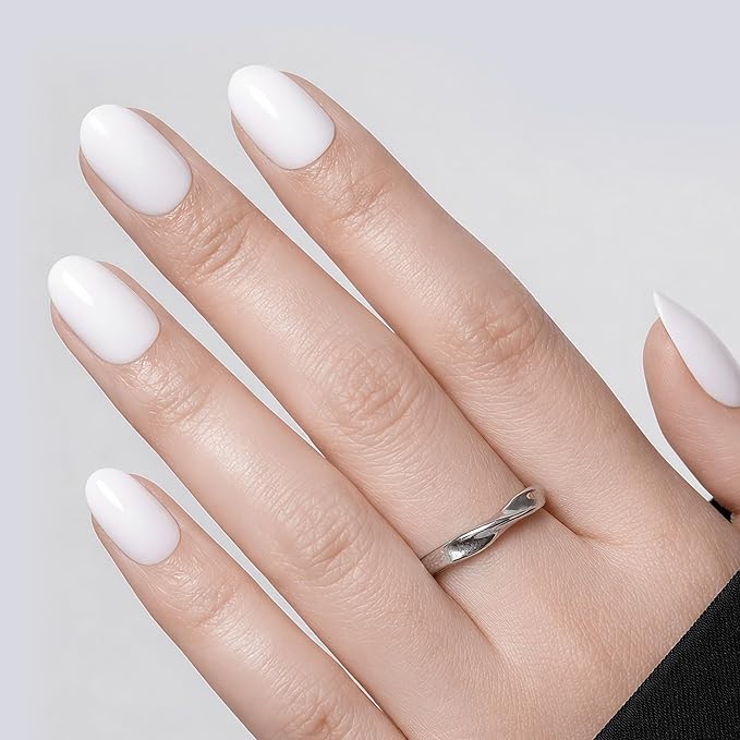 UNA GELLA 32Pcs Soft Gel Press on Nails Oval - 16 Sizes Milky White Round Glue on Nails, Reusable Solid Color False Nails, Full Cover Acrylic Nail Kit for Women DIY Home Manicure