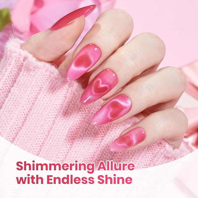 Beetles Pulse of Love Pink Cat Eye Gel Nail Polish Set - 6 Colors Pink Cat Eye Glitter Gel Polish Kit Magnetic Shine Soak Off UV French Nail Art Salon DIY Manicure Spring Gift for Women