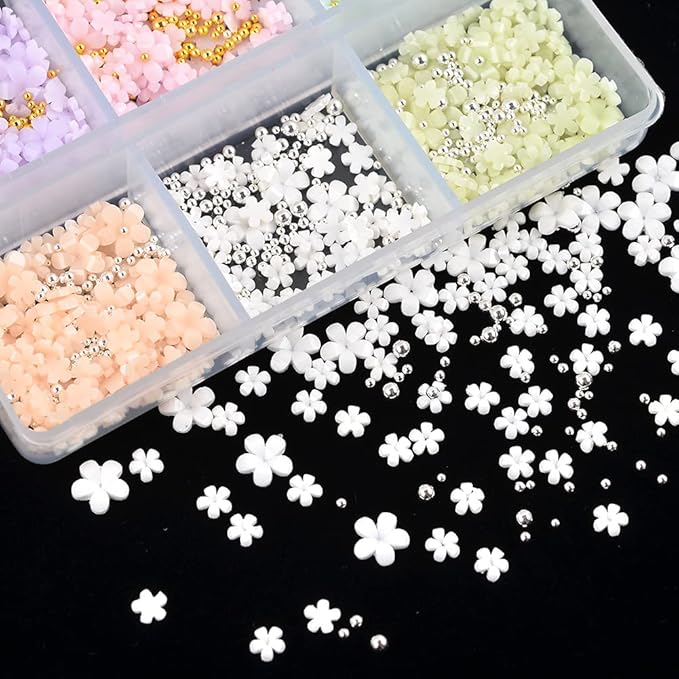 Mixed 3D Flower Nail Charms and Metal Caviar Beads, Acrylic Resin Flowers Nail Design Gold Silver Nail Ball Beads for DIY Decoration Nail Craft Accessories With Pickup Pencil