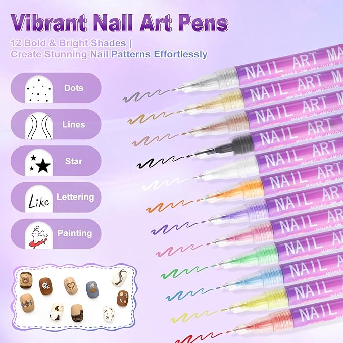 12 Colors Nail Art Pens, 0.5MM Fine Tip Nail Art Markers, Quick-Drying 3D Nail Polish Pens for DIY Nail Art Design, Drawing Painting Dotting Liner Doodle Manicure Tools Home & Salon