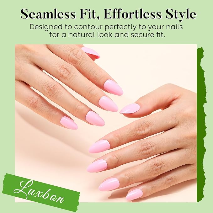 Luxbon Short Almond Press On Nails with No-Cure Nail Glue and Tool Kit – False Soft Gel Tips 25-30pcs Full Size Set, Reusable Fake Nails for Women, Stick On Nails, Pink