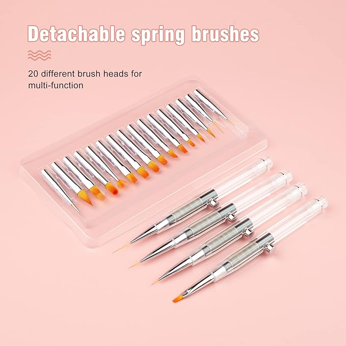 20PCS Nail Art Brushes Set, YIHUALE Push Contact Builder Nail Extension Gel Brush, Gel Polish Art Design Pen Painting Tools, Nail Art Liner Brush and Nail Dotting Pen for Salon, DIY (4+16PCS, White)