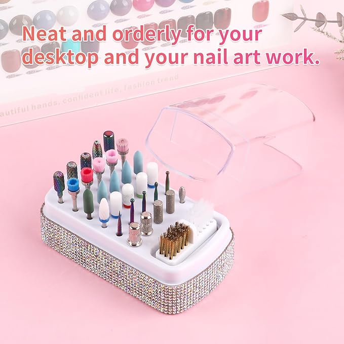 2 in 1 Nail Drill Bits Holder & Cleaning Brush Case,30 Holes Dustproof Nail Art Drill Bits Stand Display Storage Box and Nail Drill Bits Cleaner Manicure Tools Shiny (Multicolor)