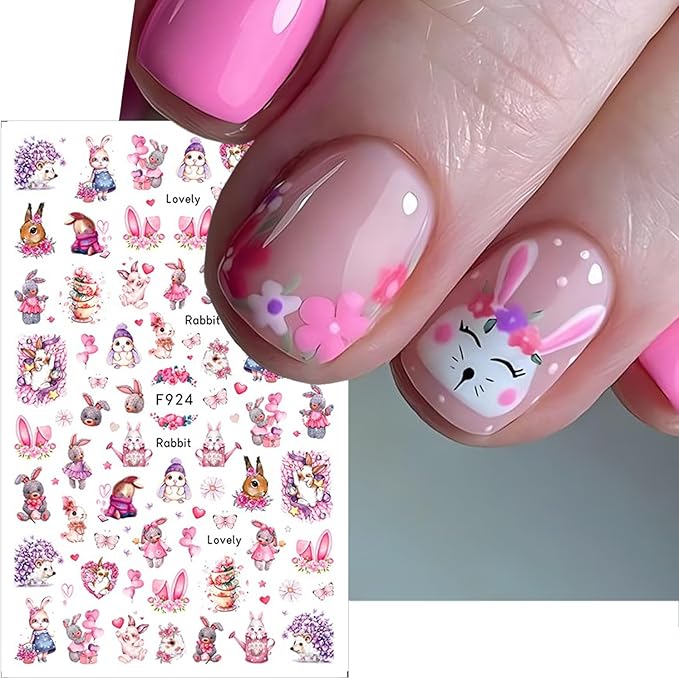 8 Sheets Easter Nail Decals for Nail Art Cartoon Rabbit Nail Art Stickers 3D Self-Adhesive Heart Flower Carrot Bunny Nail Decals Cute Easter Nail Supplies for Women Acrylic Nails Decorations