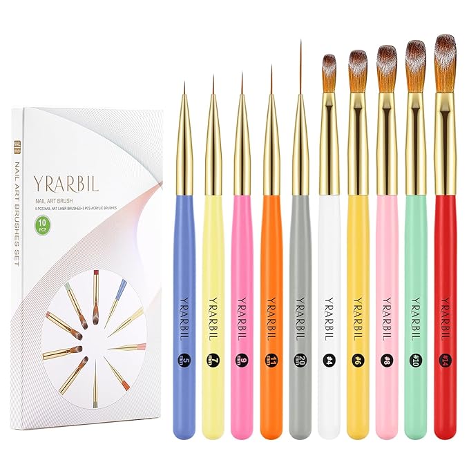 5PCS Nail Art Liner Brushes and 5PCS Acrylic Nail Brushes Set for Gel Polish Painting Art Design, Thin Long Lines, 3D Carving, Nail Extensions and Acrylic Powder Application
