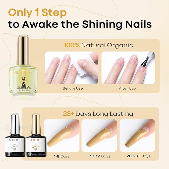 modelones 3 Pcs Gel Top Coat & Base with Cuticle Oil Set,10 ml Cuticle Protectors Set Gel Nail Polish No Wipe Base Gloss Top Coat & Nail Oil