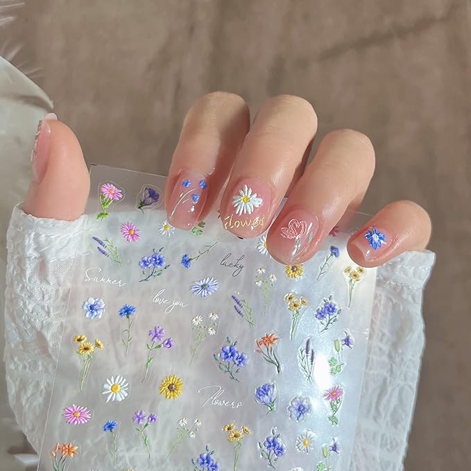 Dedyel Small Daisy Little Wildflowers Nail Stickers 5D Embossed Wildflower Nail Stickers Spring Summer Red Yellow Blue White Flower Design Nail Art Decoration for Women Girls Kids