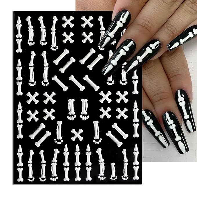 Halloween Nail Art Stickers, Bones Skeleton Nail Decals, 3D Spooky Self-Adhesive Spider-Web Bat Design for DIY Nail Supplies Decoration (4 Sheets)