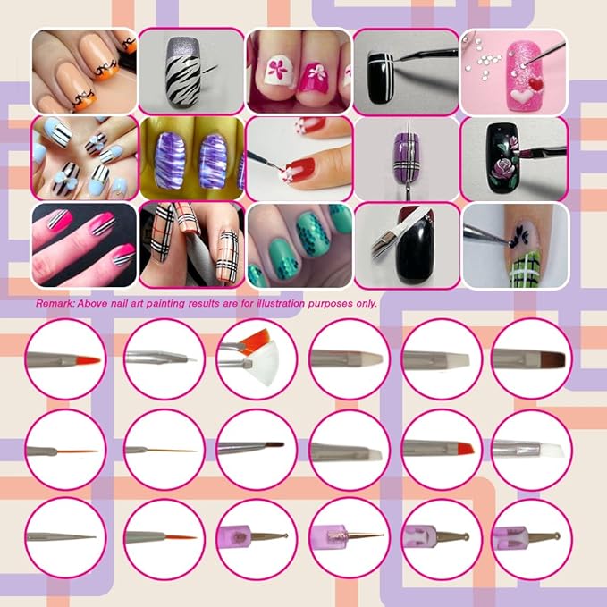 Nail Art Brushes, Dotting Pens Marbling Detailing Painting Striping Tools 20pc Kit Set with Roll-Up Pouch - Best for nail art and facial detailed painting - FREE eBook with Design Idea
