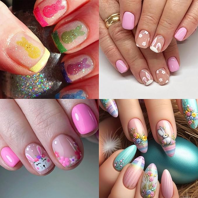 30 Sheets Easter Nail Stickers Green Flower Nail Art Stickers Self-Adhesive with Rabbit Easter Eggs Designs Nail Decals for Women Cute Nails Supplies
