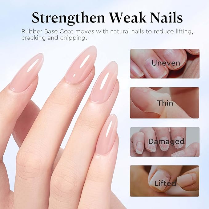 AZUREBEAUTY 15ml Rubber Base Gel Polish and No Wipe Top Coat Set, Builder Base Coat and Ultra Shine Top Self Leveling Apex Building Nail Strengthener, Long Lasting for Thin Weak Brittle Nails