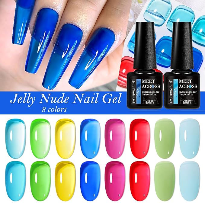 MEET ACROSS Neon Jelly Gel Nail Polish Nude Crystal Gel Polish Hot Pink Red Blue Purple Nail Art Manicure Gifts for Women 8 Colors