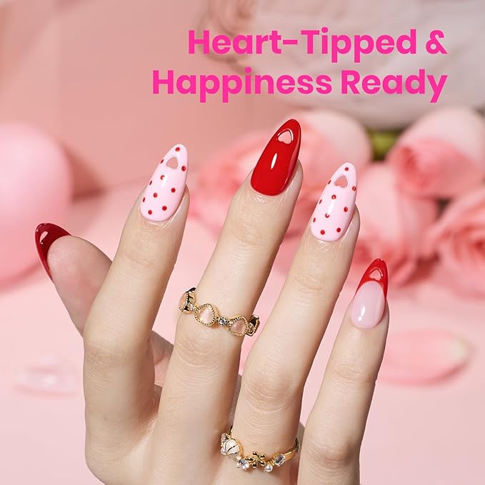 Beetles Tipex Lite Heart Cutout Nail Tips, Pre-Built Apex Almond Medium, 16 Sizes 256pcs, Flat Nail Friendly Acrylic Tips, Easy DIY for Beginners