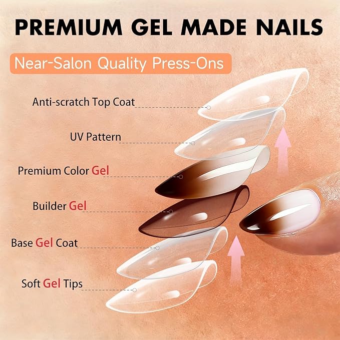 Chrome Ombre Brown Press on Nails Short Almond, Glazed Cute Fake Nails with Sparkle Mirror Design, Shiny Glitter Glue on Nails Stiletto, Gradient Nude Gel Nail Press ons with Glue 30 Pcs