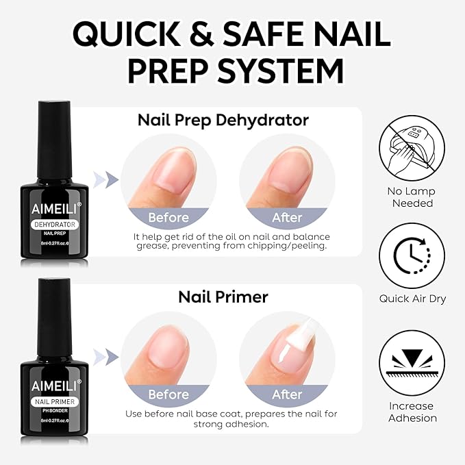 AIMEILI 3Pcs Gel Nail Glue Nail Dehydrator and Primer, Hema Free, Cruelty Free, Vegan, Clear High Gloss Gel Nail Polish Long Lasting Nail Art