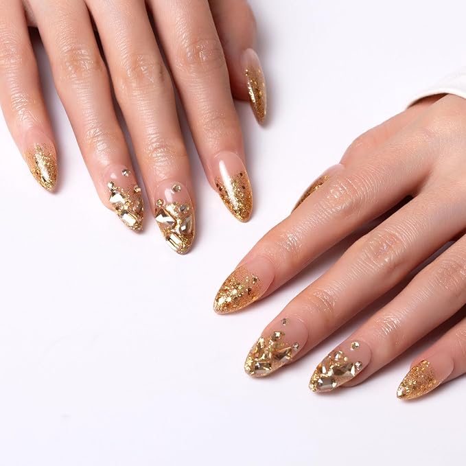 LOVFUL Press on Nails Chateau Glimmer | Handmade with Full Covered Crystals | Reusable Full Cover Nails | Almond Regular 1.0 in | P001-S