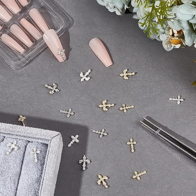 CRASPIRE 30Pcs 6 Styles Cross Nail Charms 3D Y2K Luxury Nail Gems Set Metal Alloy Rhinestone Pearl Flat Gothic Vintage Punk Studs Decor for Women Nail Art DIY Crafts Jewelry Christmas Decor Cellphone