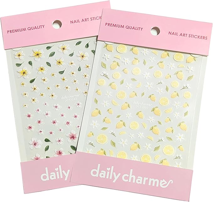 Daily Charme Nail Art 3D Self-Adhesive Nail Sticker Bundles for Nail Art Summer Fun Floral Nail Stickers Plumeria and Lemon Blooms Heart Sticker Decals Charming Design Accessories for Women DIY