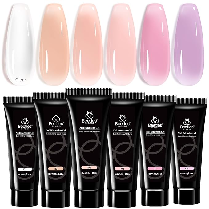 Beetles Poly Nail Gel Set - 6 Colors Jelly Nude Pink Builder Nail Enhancement for Beginner & Professional Nail Extension Kit DIY Home for Women Girls, UV & LED Needed