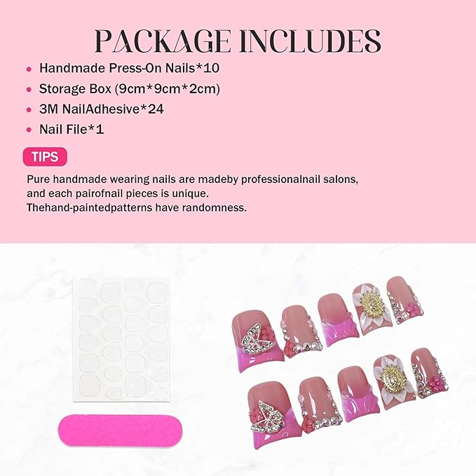 Handmade Press on Nails Duck Medium Fake Nails Pink French Tip Acrylic False Nails with 3D Flower and Rhinestone Butterfly Design Duck Nails Press ons Luxury Full Cover Stick on Nail for Women (M)