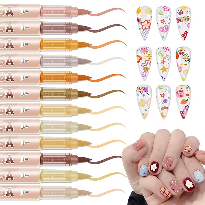 12 Colors Nail Art Pens Set, Nail Polish Pens Nail Art Drawing Markers Pen Quick Dry Waterproof Nail Art Painting Pens Kit for Home DIY Nail Art Design-Yellow
