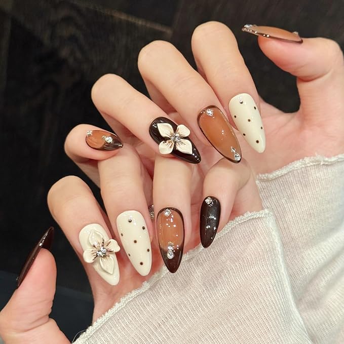 3D handmade nails press on false nails,Thick Strong Waterprooft almond hand-painted caramel off-white polka dots flower rhinestone acrylic fake nails designed kit,10 Nails, Size L #684