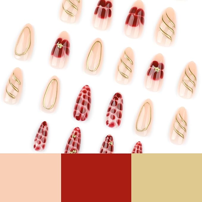 Almond Press on Nails - Medium Fake Nails with Flower Gold Line Design - Ombre False Nails Press ons - for Women Manicure 24 Pcs