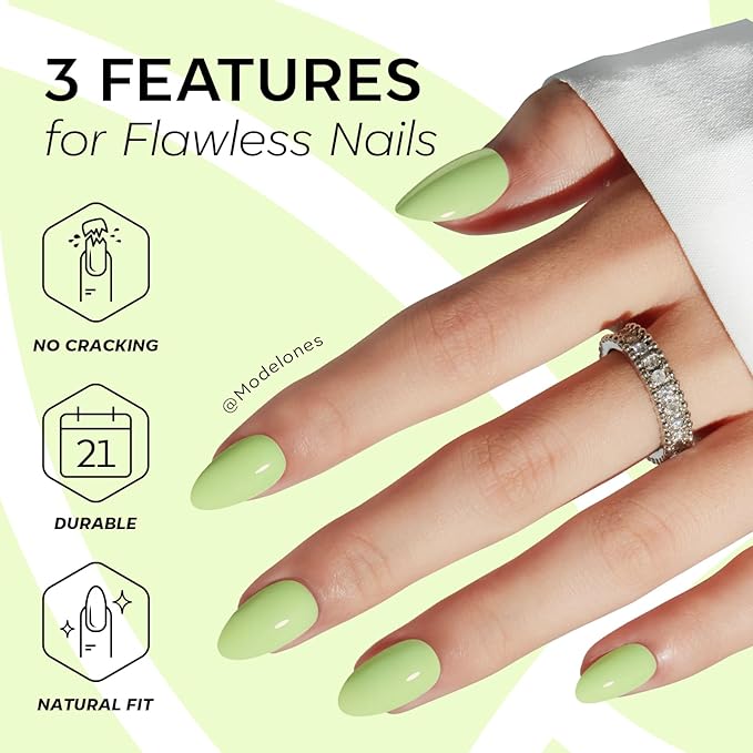 Modelones Green Press on Nails Almond, Easter Spring Pastel St. Patricks Day Short Fake Nails, Reusable Nail Kit with Nail Glue Adhesive Tabs Mini Nail File, Nails Press Ons 32Pcs 16 Sizes