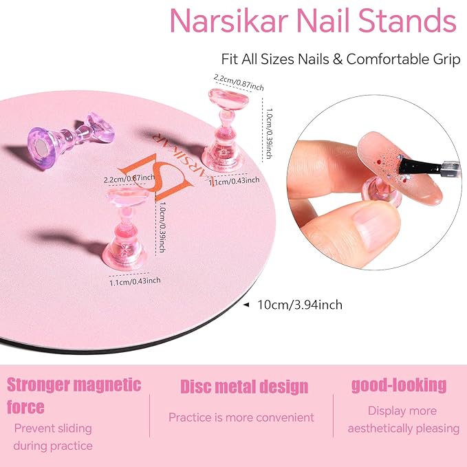 Nail Stand Set, Magnetic Nail Stands for Press ons False Nail Tips Practice Acrylic Nail Holder for Painting Nails with 300pcs Sticky Tabs (Pink)