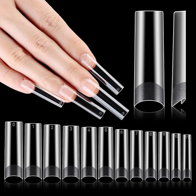 Flattened No C Curve, XXL Square Nail Tips, Half Matte Clear Half Cover Tapered Square Straight Flat Tips for Acrylic Nails Salons Home DIY Extensions(12 Sizes 240PCS)