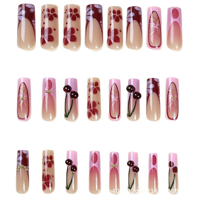 24Pcs Long Square Press on Nails - Pink French Tip with Handmade Cherry & Floral Designs, Full Cover Acrylic Fake Nails for Women, DIY Manicure