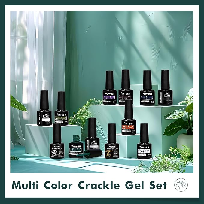 MTSSII 12pc Crackle Gel Nail Polish Set - 7 Colors, White, Silver, Black + Quick Dry Nail Art Kit