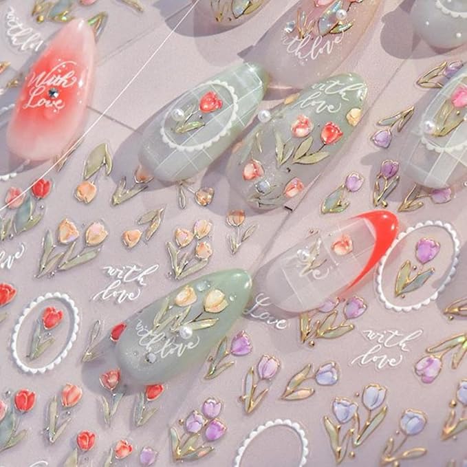 Tulip Nail Art Stickers Flower Nail Decals Red Purple with Shiny Design 5D Embossed Self Adhesive Plant Nail Art Decals for Women Girls Kid Manicure Decoration Accessories