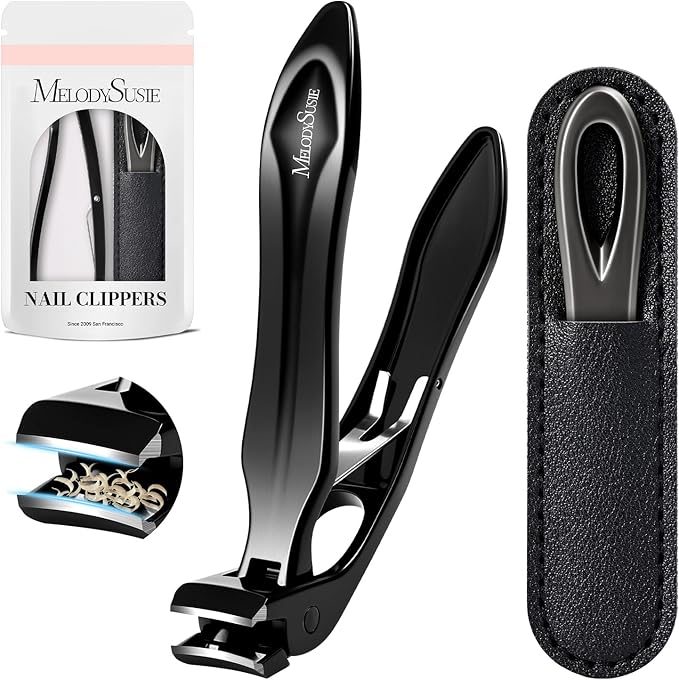MelodySusie Wide Jaw Opening Nail Clippers, Toenail Clippers for Seniors Thick Nails, Angled Head Large Nail Clippers for Men Women with Nail File, Fingernail Cutter with Catcher Long Handle, Black