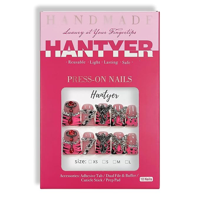 10pcs Edgy French Press on Nails with Tools Kit, Short Duckbill Glossy Pink Leopard French Tips, Cross & Butterfly 3D Carvings, Icy Dark Style, Reusable & Easy Apply for Parties (Size M)