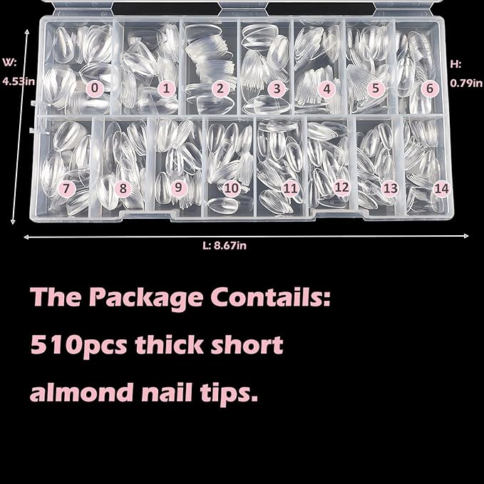 Short Almond Nail Tips, 510Pcs Thick Almond Full Cover Fake Nails, Clear Press-On Nails French Acrylic False Nail Tips for Salon Home DIY 15 Sizes