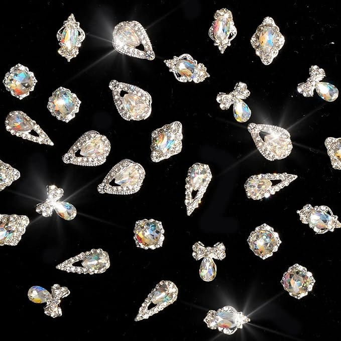 30Pcs Nail Crystal AB Rhinestones 3D Nail Charms Rhinestones Glass Metal Gems Jewels Nail Diamonds Nail Charms for Girl Women DIY Nail Art Craft Decoration
