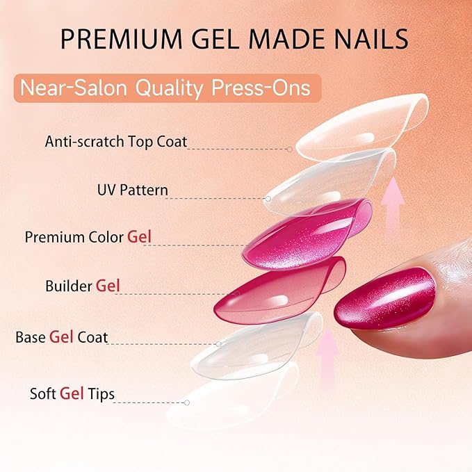 Cat Eye Press on Nails Short, Chrome Press on Nails Oval, Thick Glazed Virant Hot Pink Fake Nails Press ons for Women, Reusable Magnet Bling Glitter Glue On Nails Almond in 15 Sizes, 30 Pcs