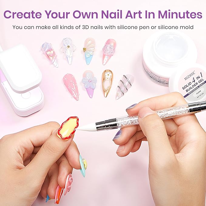 MIZHSE 3D Gel Nail Art Sculpting Gel, 5 in 1 Solid Builder Gel for Nails Clear Non-sticky Hard Gel with Mini U V Nail Lamp, Sculpting 3D Nail Art for Manicure Home DIY