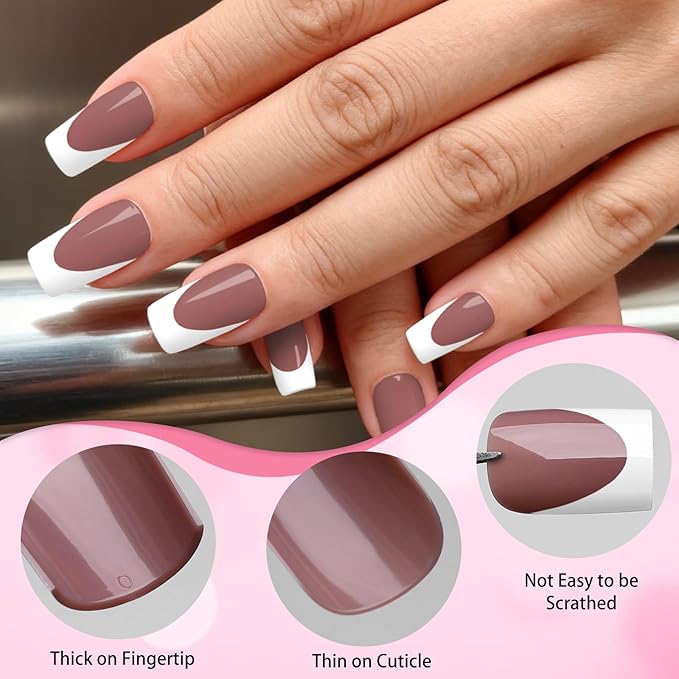280pc French Tips Press on Nails Medium Square Fake Nail with Glue Tabs, French Tips Glue on Nails Press on Nail Square Acrylic Nails Medium Artificial Fingernails Women Girls Coffee False Nails