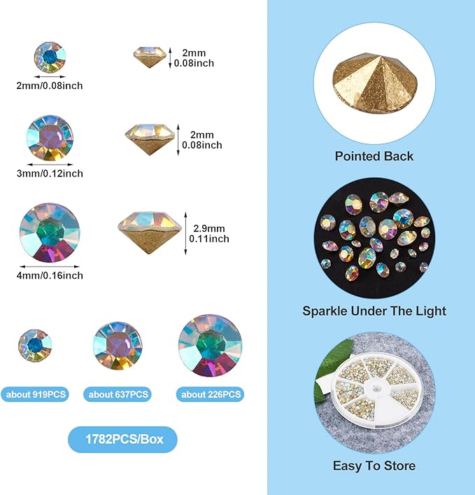 1782Pcs 2/3/4mm Crystal Glass Nail Rhinestones AB Color Pointed Back Nail Charms Small Nail Face Gems Bulk for Nail Art Makeup Wedding Bouquet Jewelry Making
