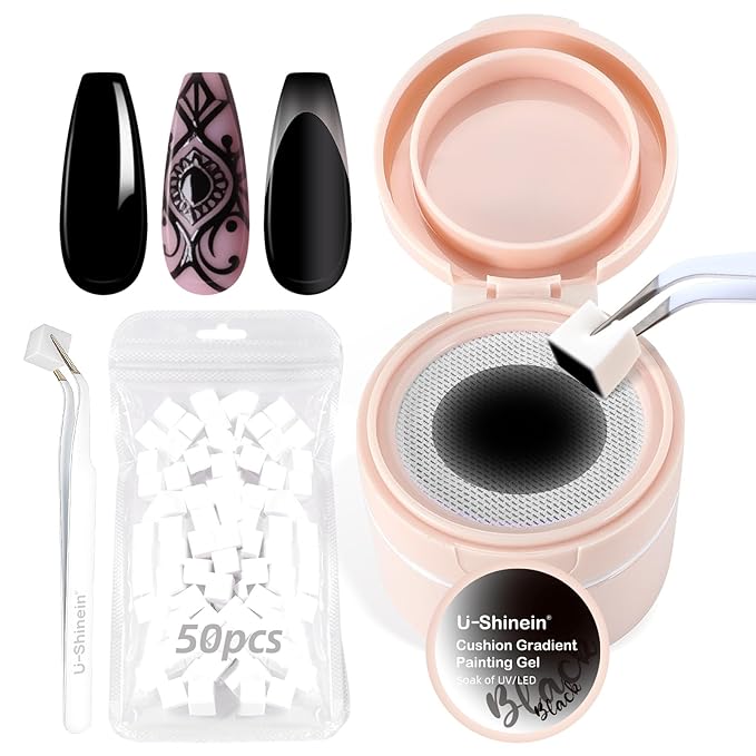 Cushion Gradient Painting Gel Kit, Black Color Ombre Nails Aura Nails Full Coverage Precise Control of Each Dip With Brush Matte Effect Non-Wipe Long Lasting Soak Off UV Led