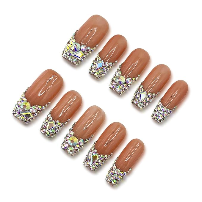 Press On Nails French Tip,10 Pcs Handmade UV Gel Acrylic Nails Press Ons Square,Luxury Glue On Fake Nails with Rhinestone&Glitter Salon Design,Nature Stick On Fake Nails for Women Gift(012M)