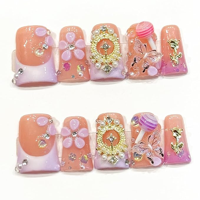 10 Pcs Valentines Day Handmade Medium Duck Press on Nails Flower Butterfly Candy Pattern Spring Fake Nails Cute Romantic False Nail for Women