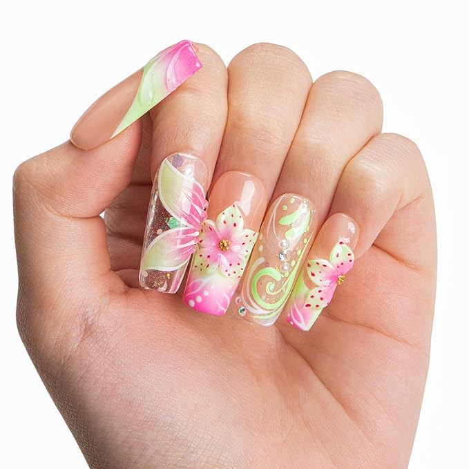 LOVFUL Short French Tip Press on Nails Flower Child | Handmade Acrylic Press ons | Reusable Fake False Nails | Square Classic Regular 1.3in | H607-S