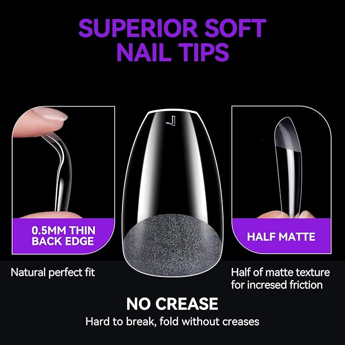 Gelike ec Short Coffin Nail Tips: 240PCS Soft Gel Tips for Nail Extensions Coffin Shaped Full Cover Nail Tips Pre Etched - PMMA Resin Clear False Nails Press on Nails 10 Sizes, SHORT COFFIN